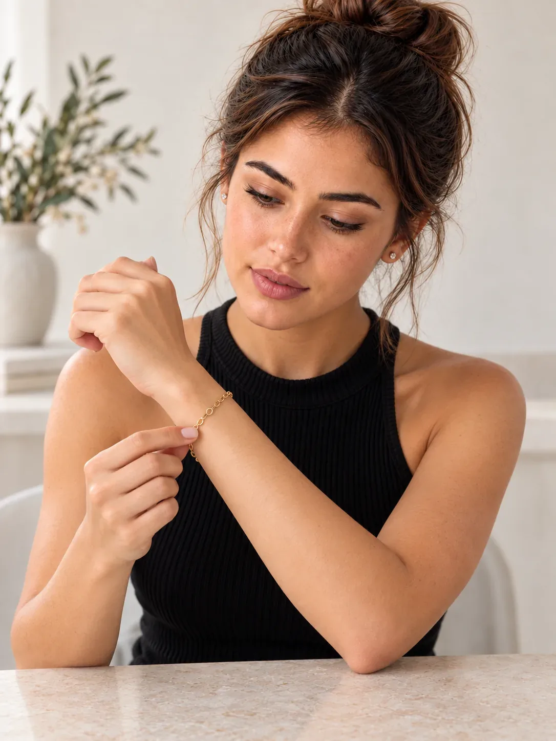 Woman adjusting a delicate gold bracelet on her wrist