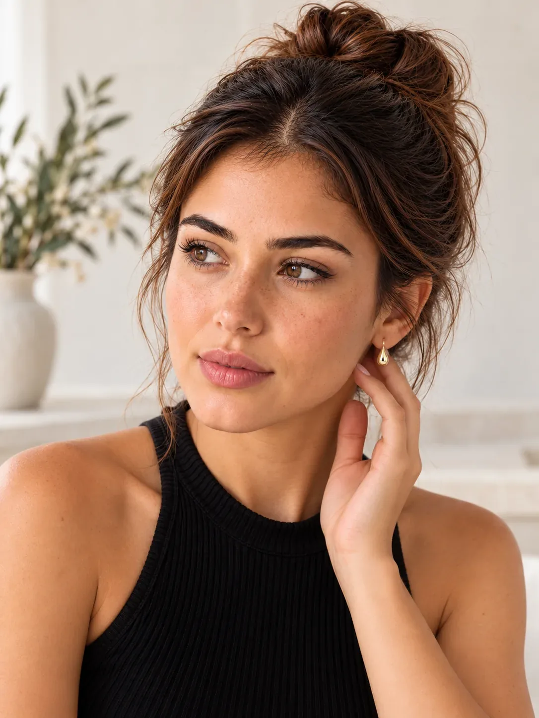 Woman gently touching a gold teardrop earring