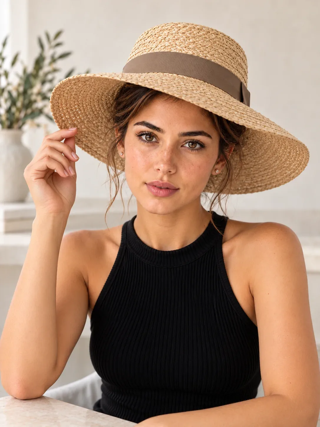 Woman wearing a straw sunhat and lightly holding its brim