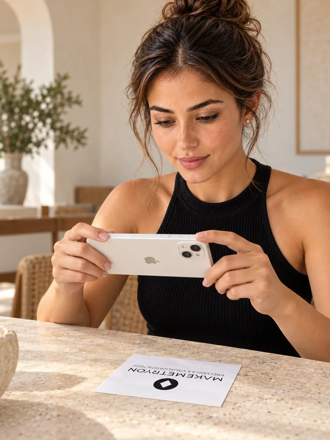 Woman holding a white phone with both hands above the Makemetryon image-tracking marker