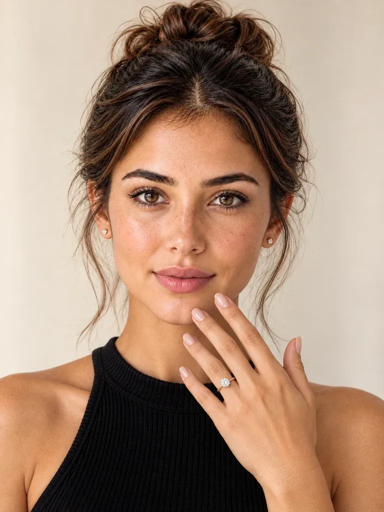 Reference model showing a gold solitaire diamond ring on her hand