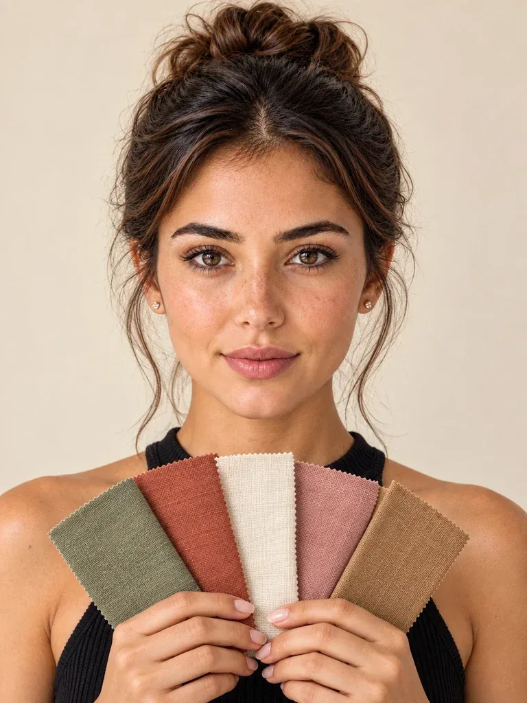 Reference model comparing sage, terracotta, cream, rose, and camel fabrics