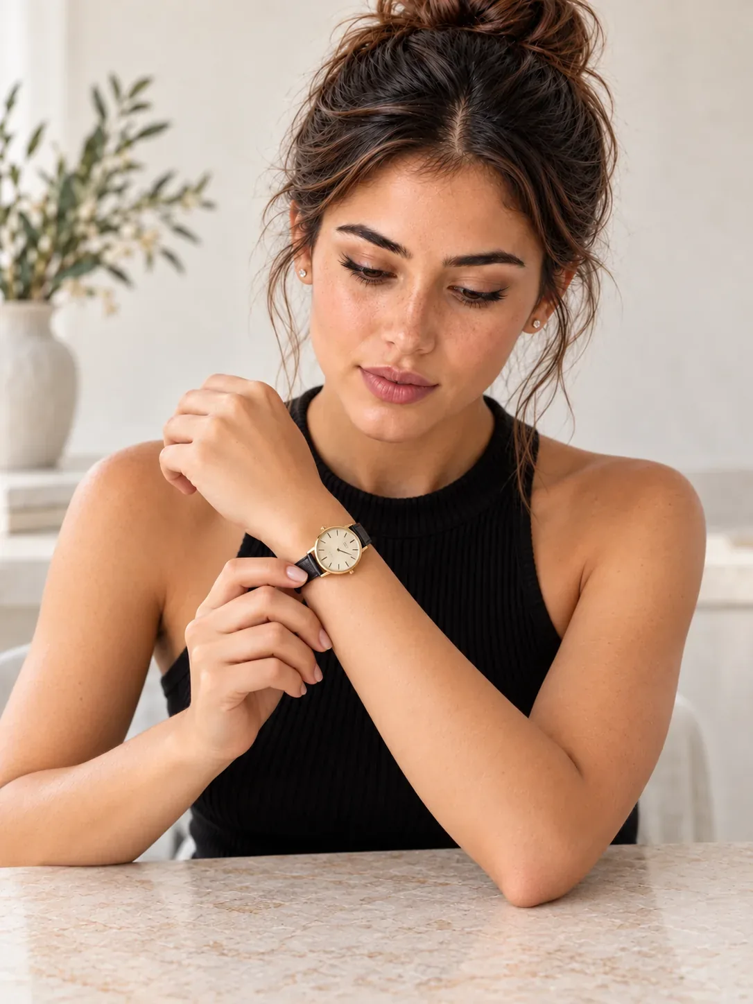Woman looking at a gold watch on her wrist