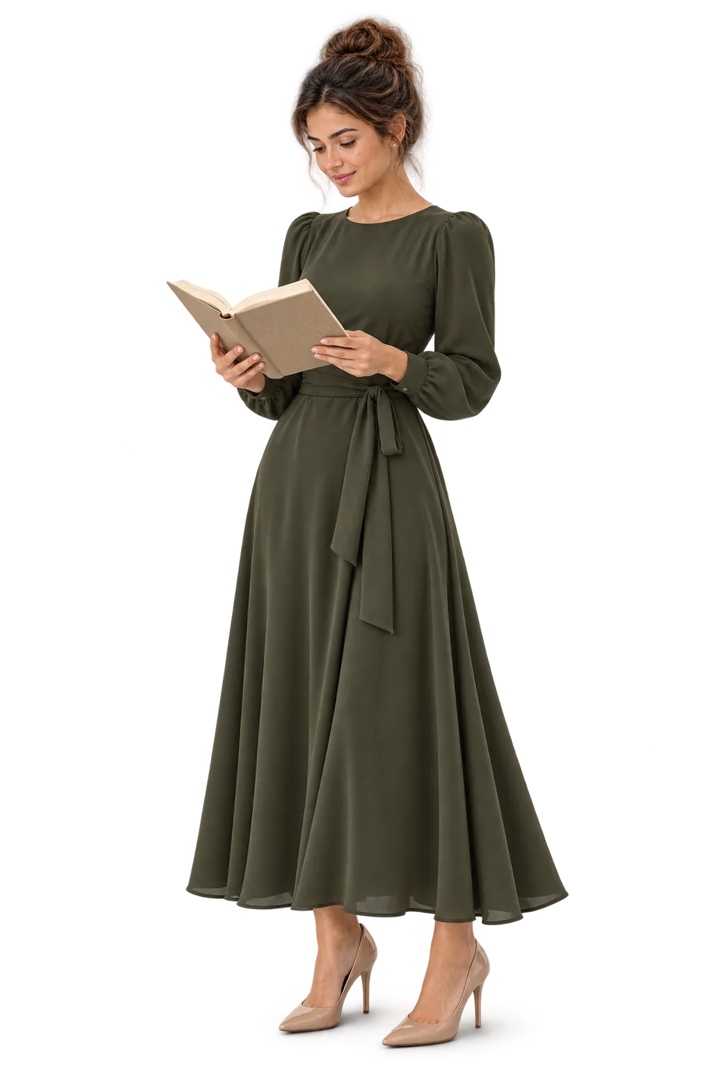 Woman standing naturally while reading an open book