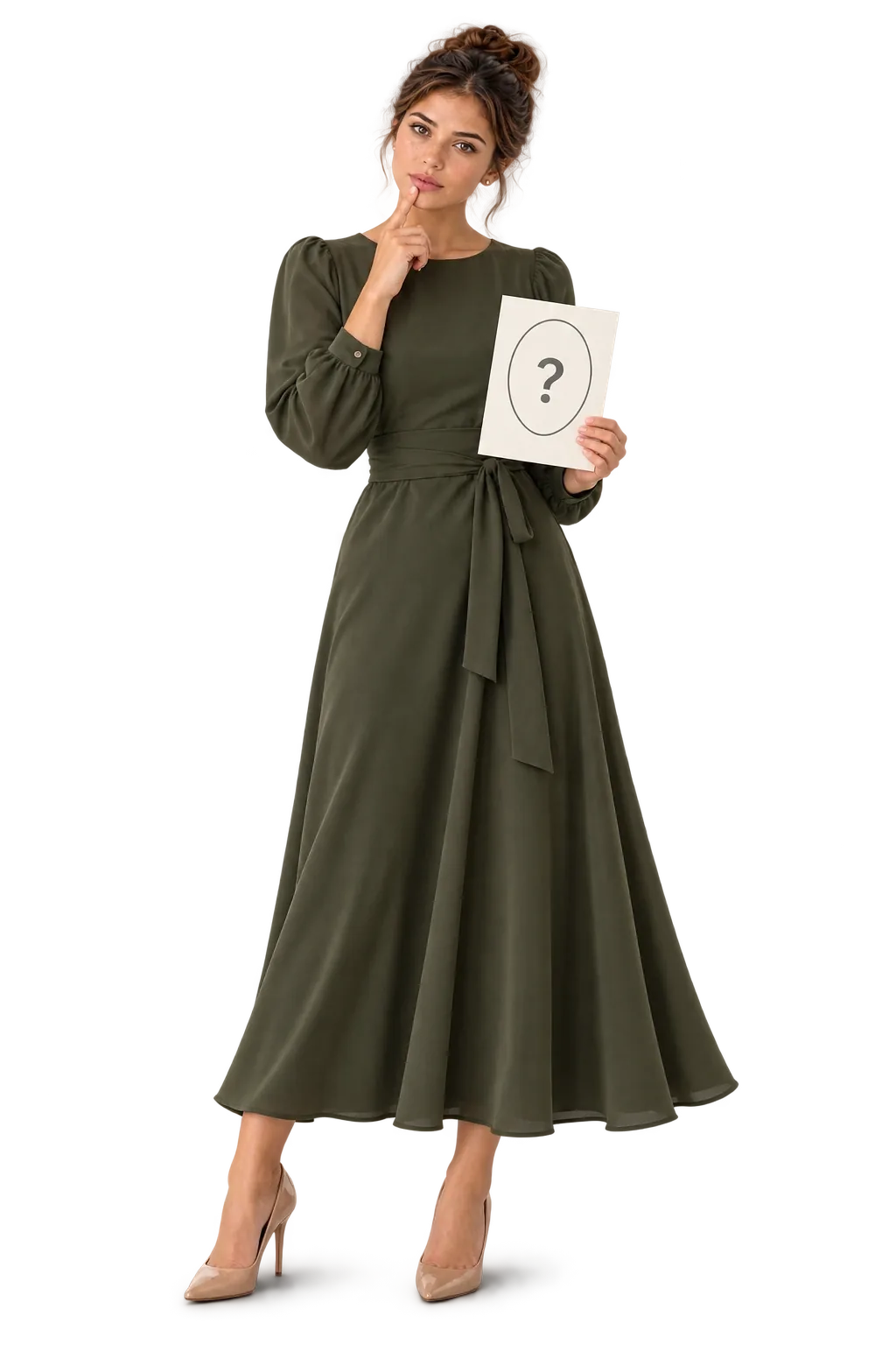 Woman considering her face shape while holding a card with an oval outline and question mark