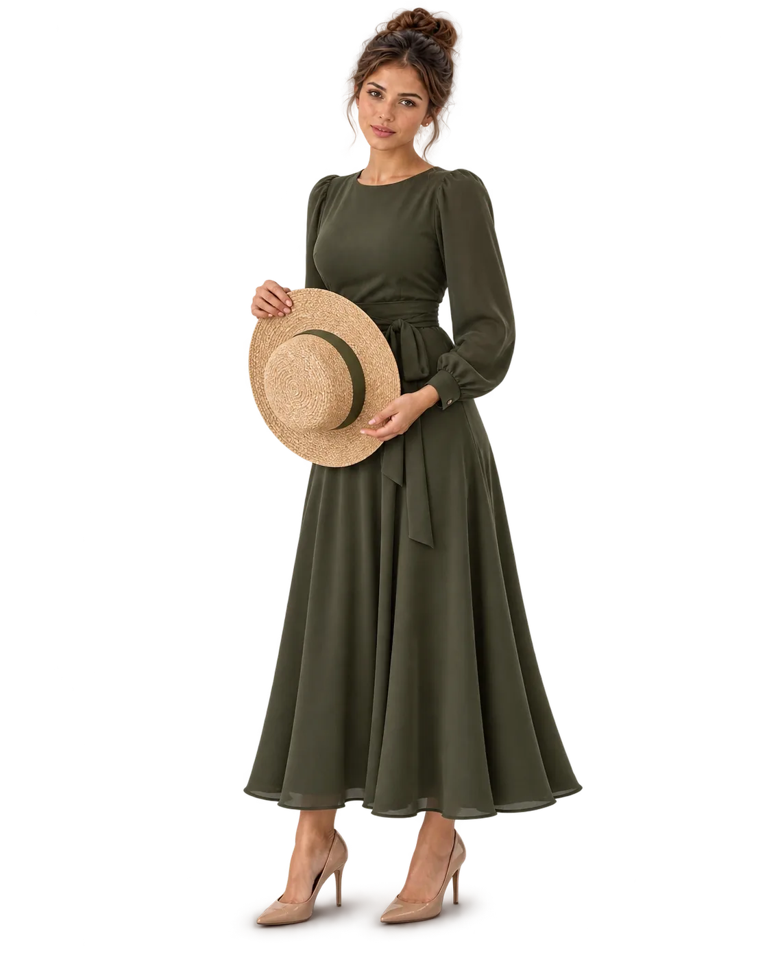 Woman holding a straw sunhat naturally by its brim