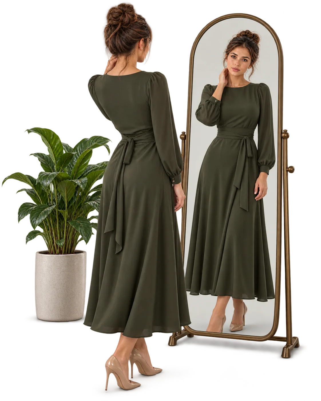 Woman looking at her reflection in a full-length mirror