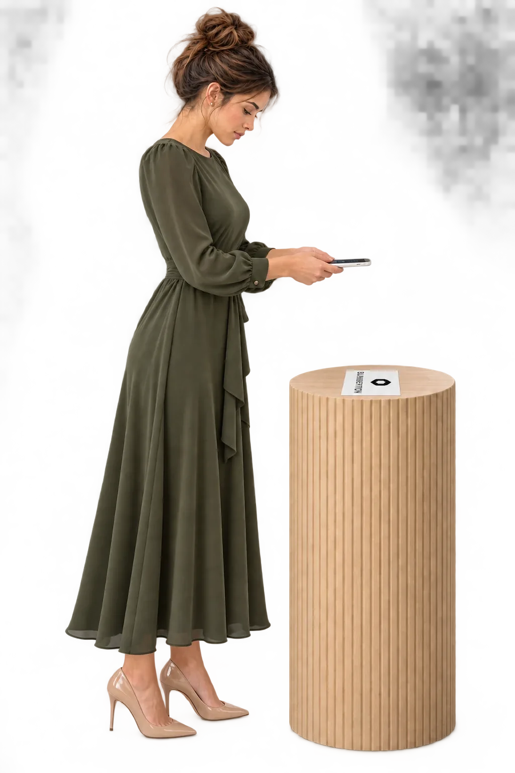 Woman scanning a flat image marker on an oak table with a white phone
