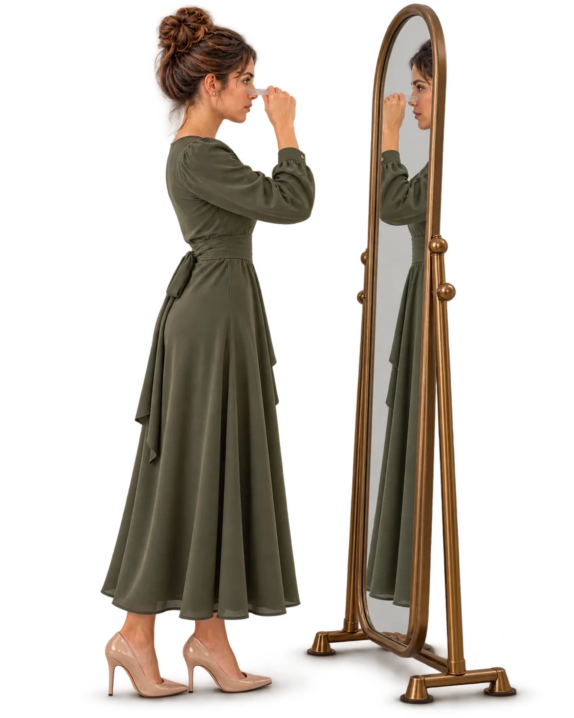 Woman viewed from the side measuring her interpupillary distance with a ruler while looking into a standing mirror