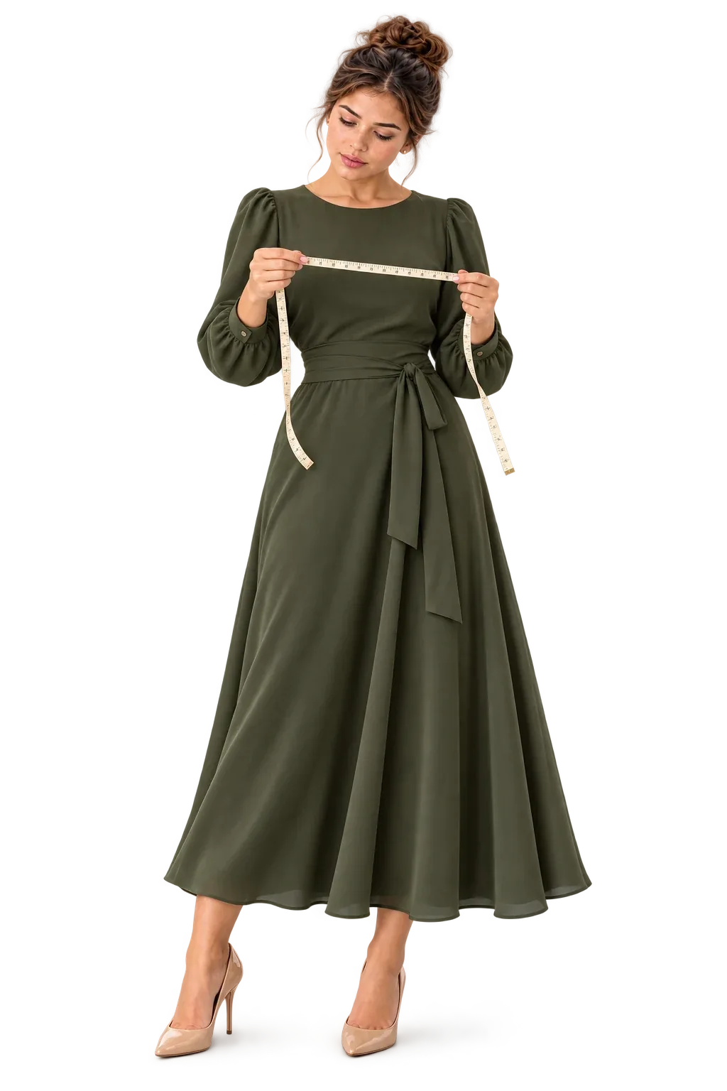 Woman holding and examining a flexible tailor measuring tape