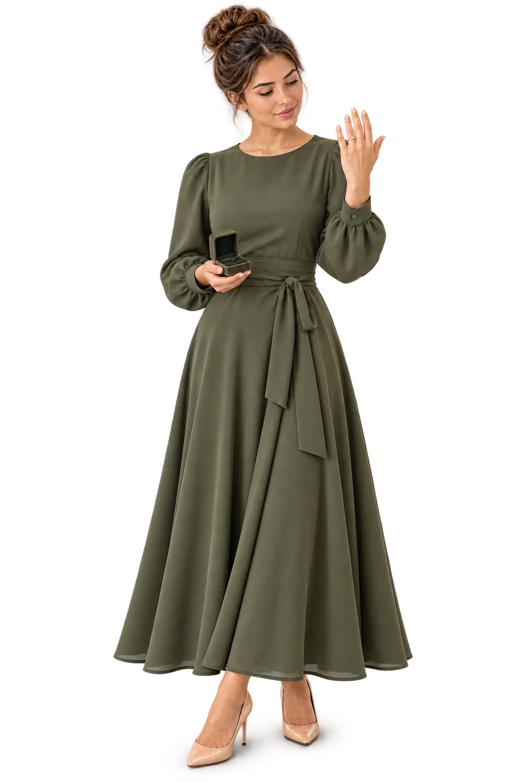 Woman admiring a ring on her raised hand while holding an open ring box