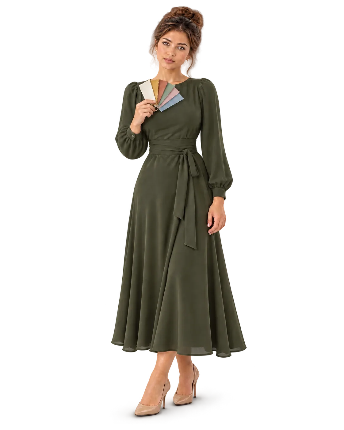 Woman in an olive dress holding a joined fan of seasonal color fabric swatches