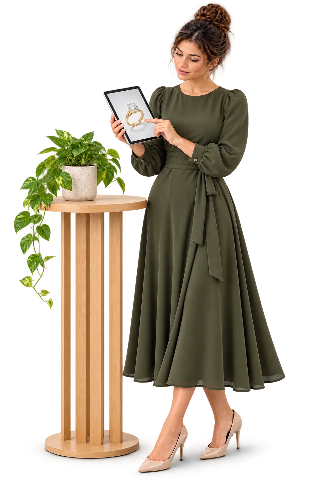 Woman exploring a gold ring on a tablet beside an oak table and plant