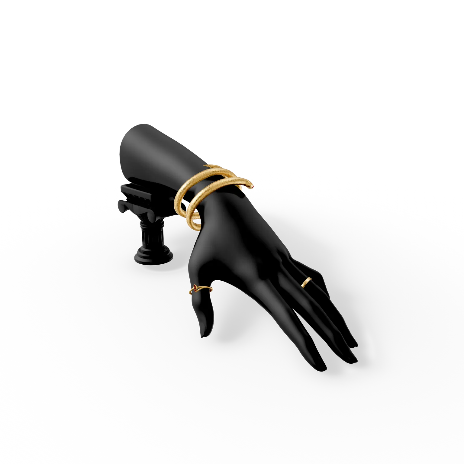Mano di manichino in bianco e nero su un supporto con bracciali a spirale in oro: prova virtuale di bracciali