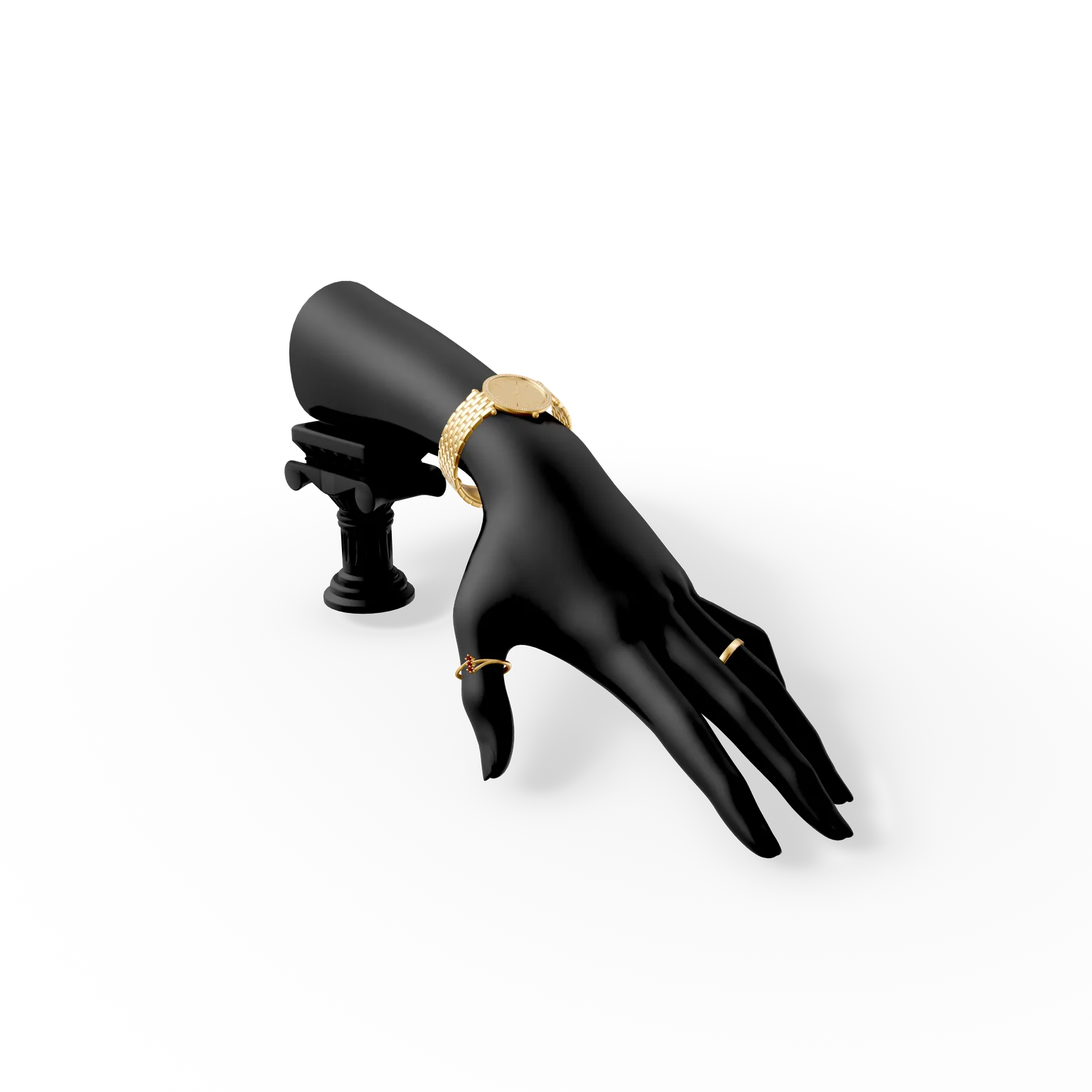 Schwarz-weiße Schaufensterpuppen-Hand auf einem Ständer mit einer goldenen Uhr: virtuelle Uhrenanprobe