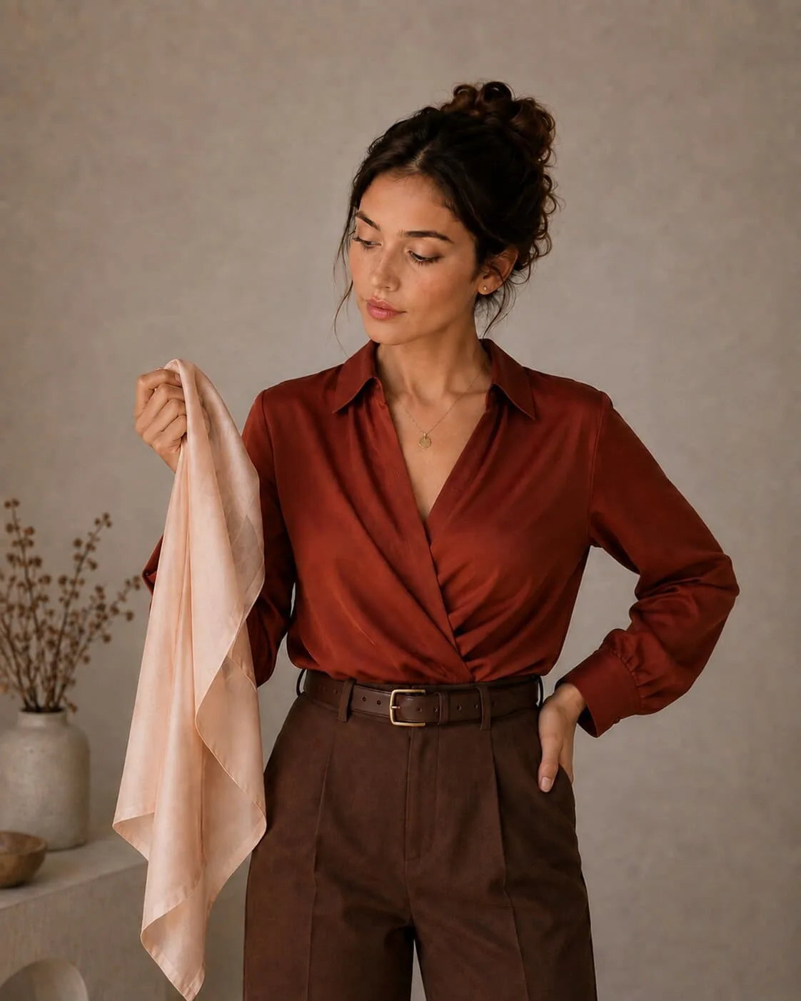 Draping a peach fabric against warm coloring during a seasonal color analysis to find the shades that suit
